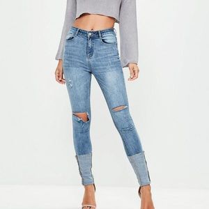 High waisted turn up hem skinny jeans